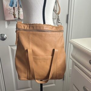 Hogan Cognac Leather Tote with Top Zip and Front Pocket